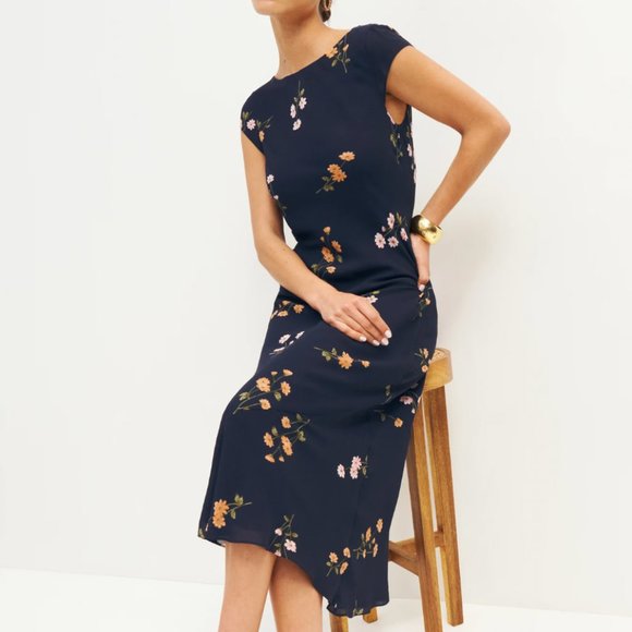 Reformation Navy Floral Midi Dress - Picture 2 of 10